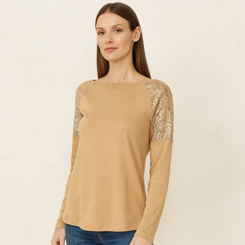 Lovey’s Boutique Sequin Shoulder Top Gold Bronze Sparkle Long Sleeve NEW S M